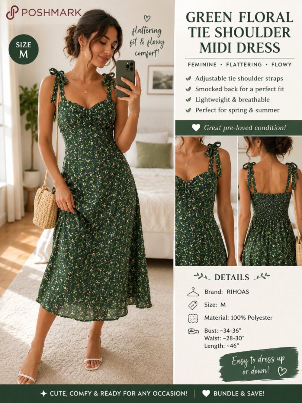 RIHOAS Green Floral Tie-Shoulder Midi Dress | Cottagecore | Excellent Condition